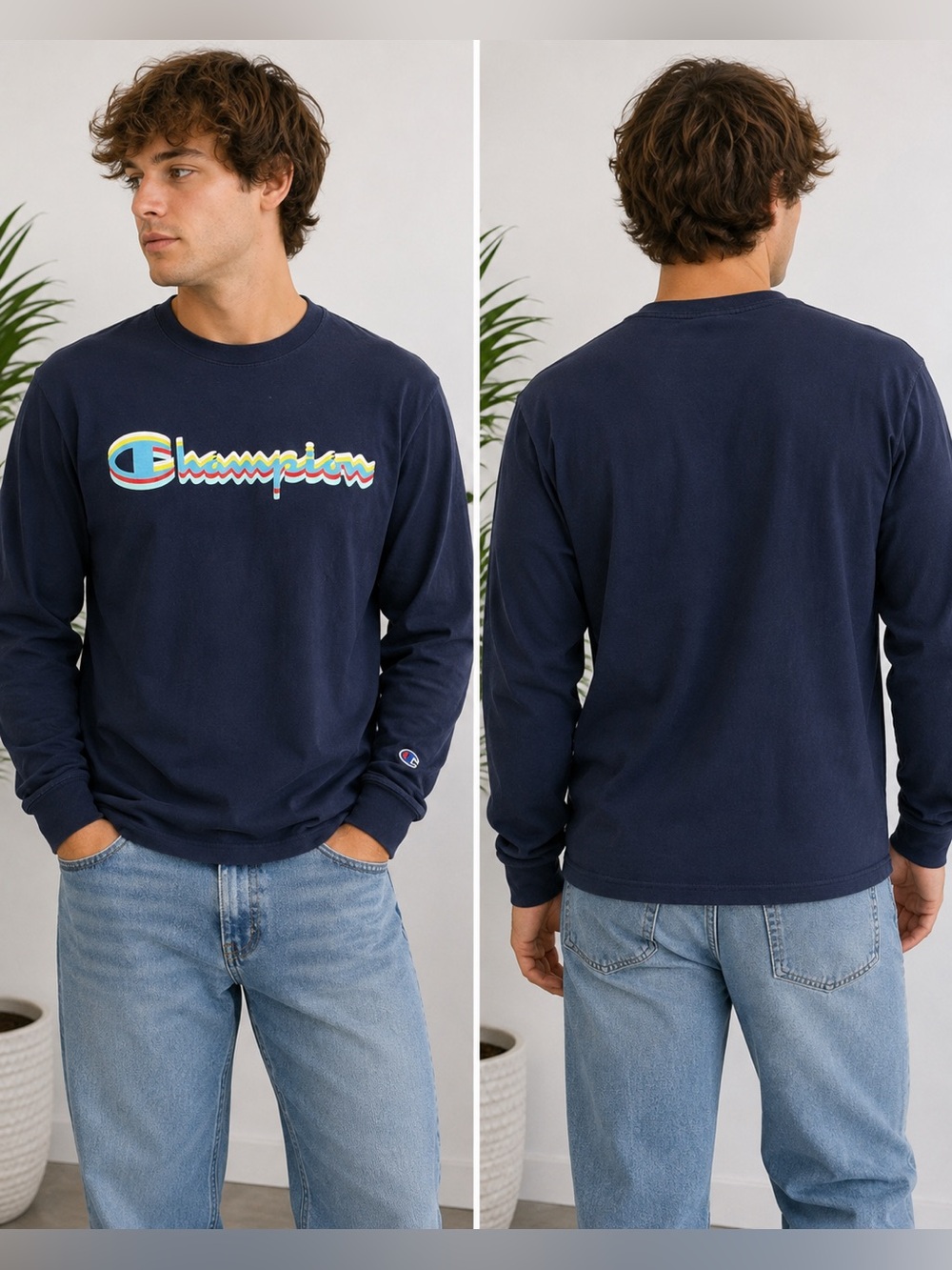 Champion Navy Retro Multicolor Logo Long Sleeve T-Shirt Men’s Medium